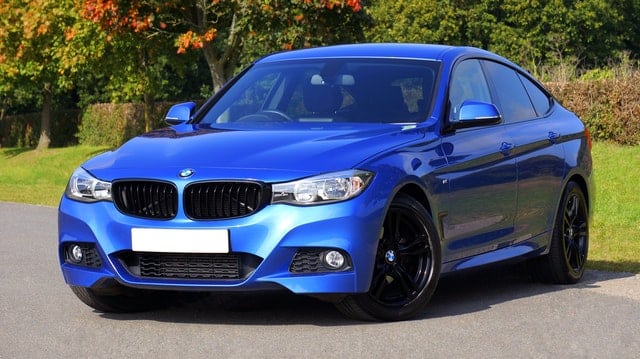blue sports car outside in front of green grass and plants
