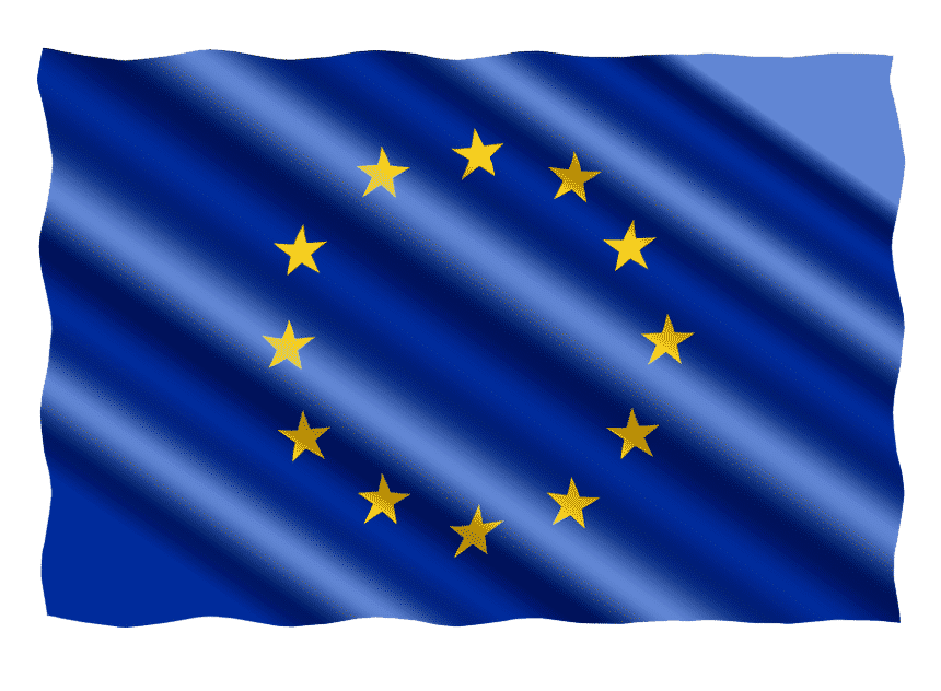 EU flag represented by circle of yellow stars on blue flag