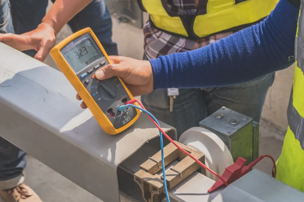 Worker using a multimeter for electrical testing in an industrial setting, demonstrating UL Certification compliance.